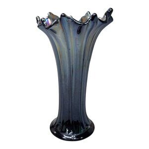 Swung Freefold Carnival Gray Iridescent Blue Black Art Glass Handkerchief Vase 8